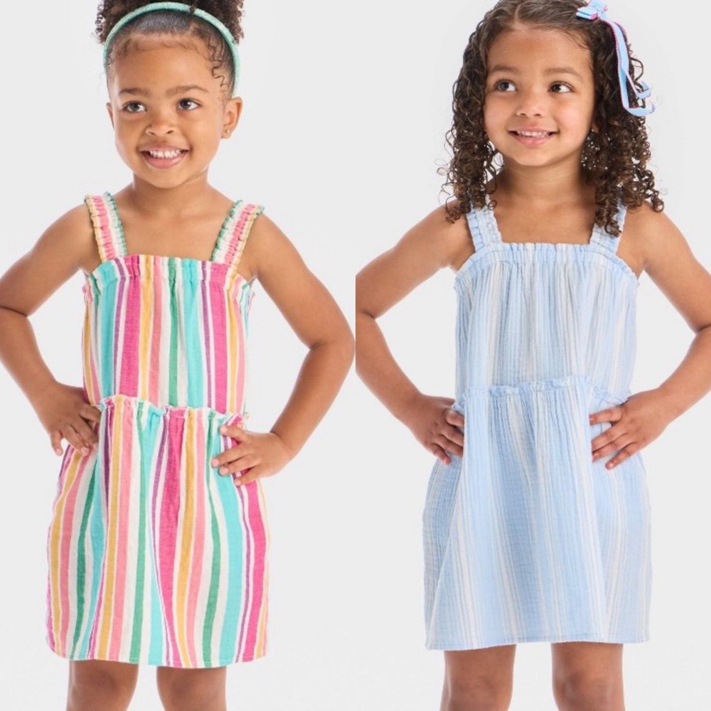Lot of 2 Cat & Jack Toddler Girls 5T Striped Gauze Summer Dress Set Blue Multi